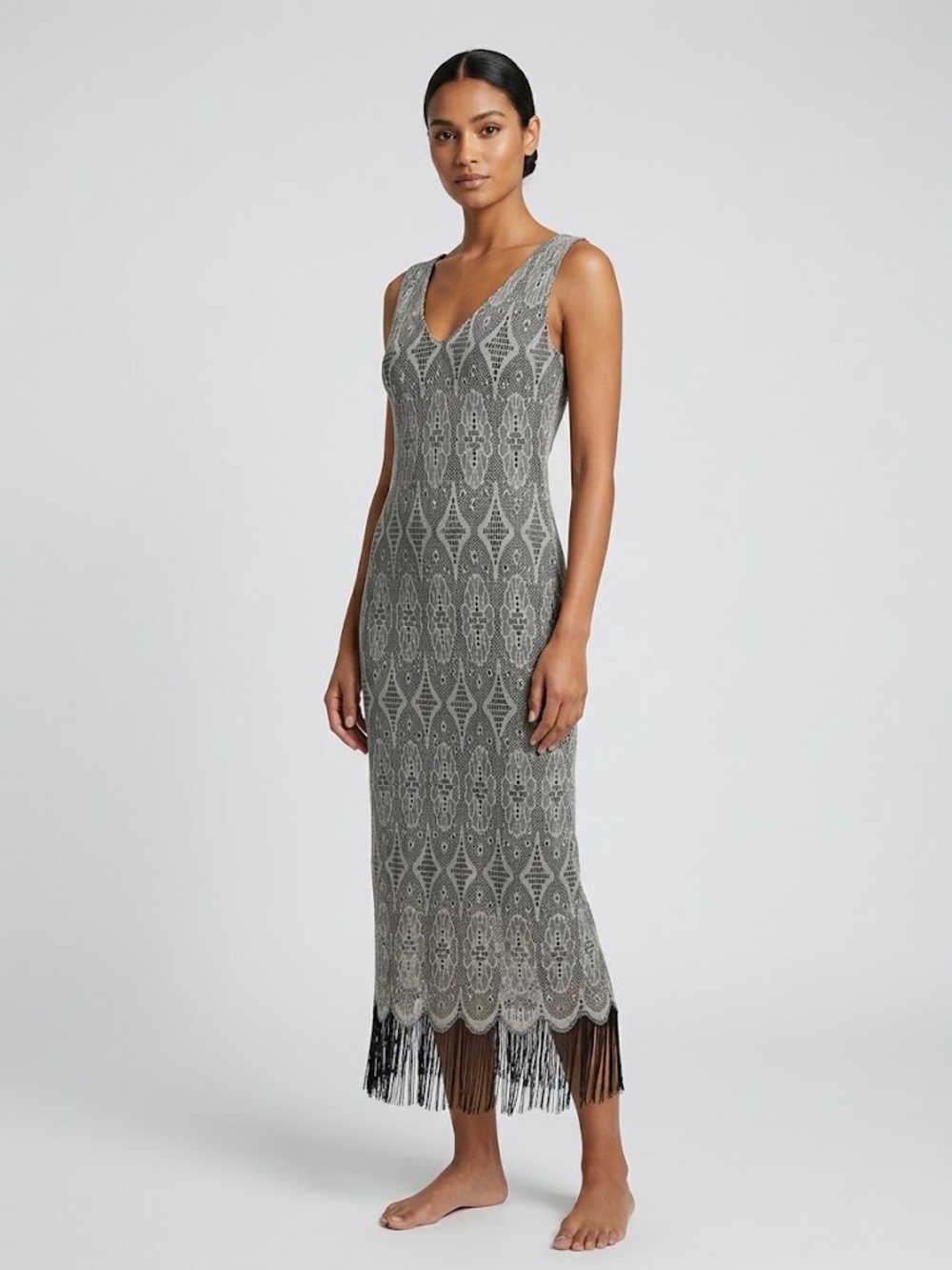 Vintage Deco Geometric Knit Fringe Midi Dress V-Neck Black silver Size Medium